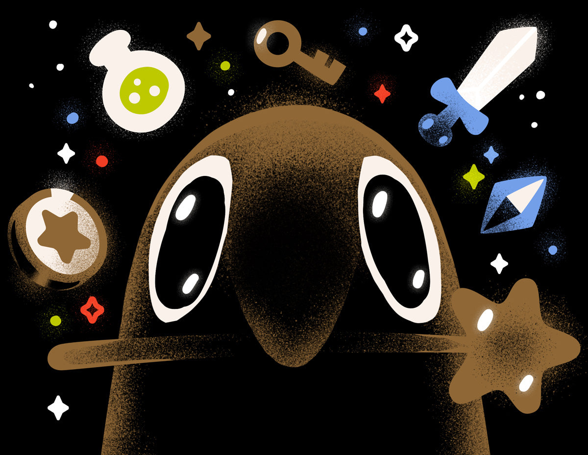 Illustration of The Merch Guild bird mascot with wand in beak and floating items and potions surrounding head