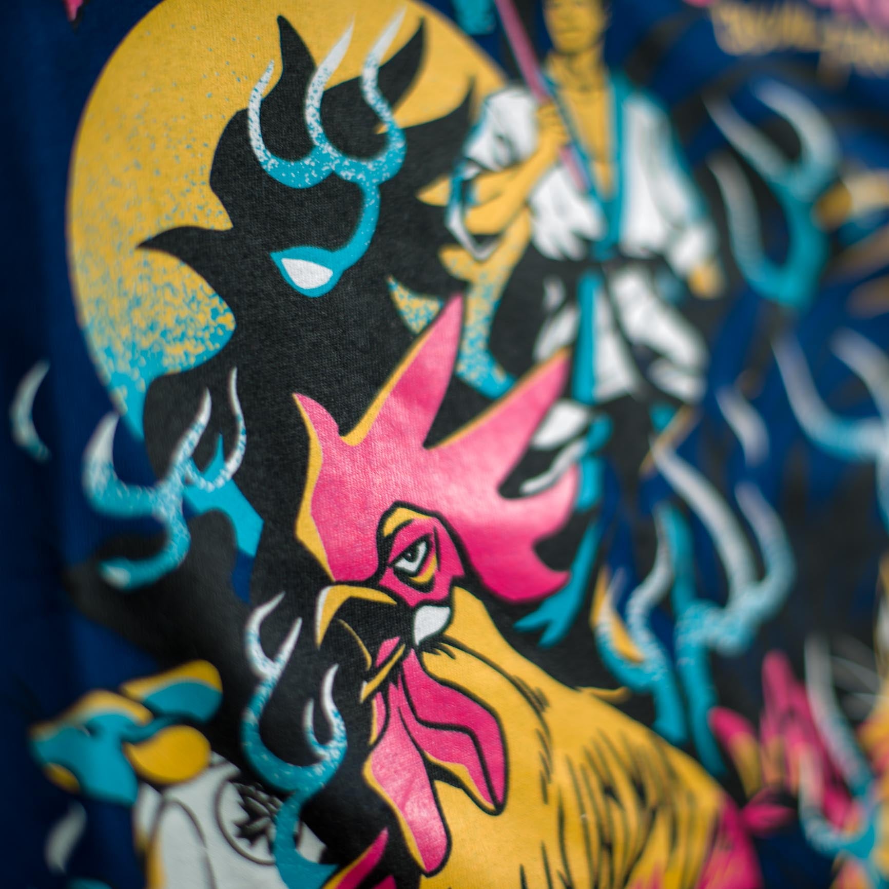 Photo close up of Fa Ram graphic t-shirt showing Bi De