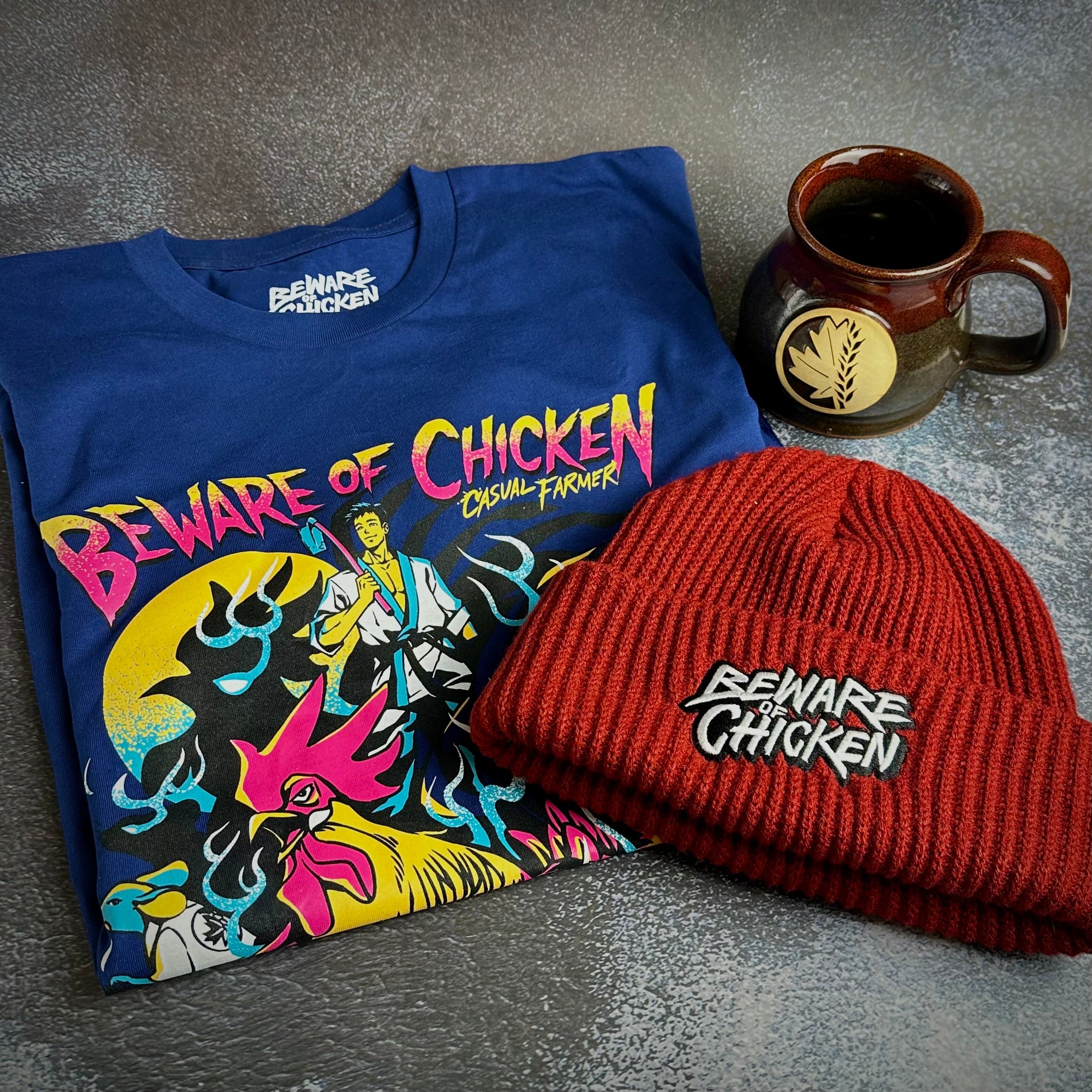 Photo of bundle of items including Fa Ram T-shirt, Beware Of Chicken Logo Beanie and Fa Ram Mug