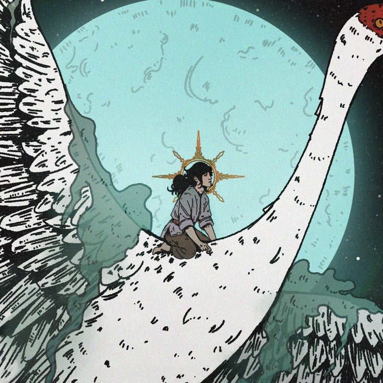 A Place in the World poster, close-up at full print resolution of the rider on the crane