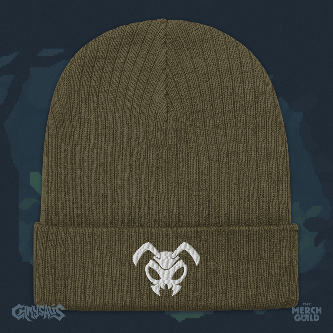 Anthony Symbol Ribbed Knit Beanie — Olive — Chrysalis by RinoZ — The Merch Guild