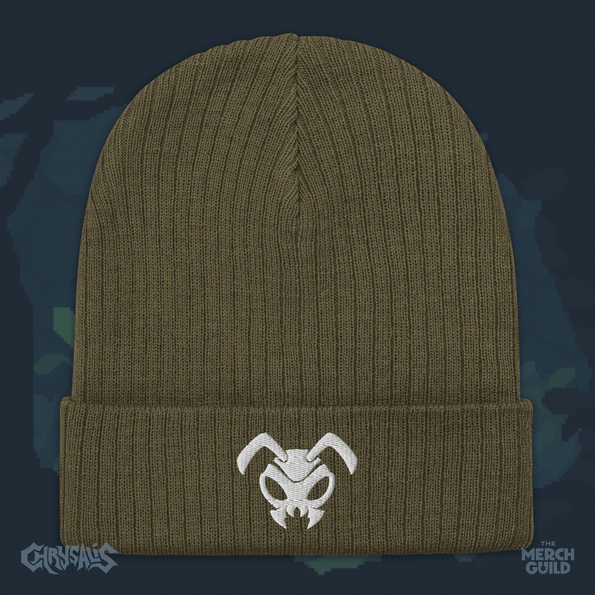 Anthony Symbol Ribbed Knit Beanie — Olive — Chrysalis by RinoZ — The Merch Guild