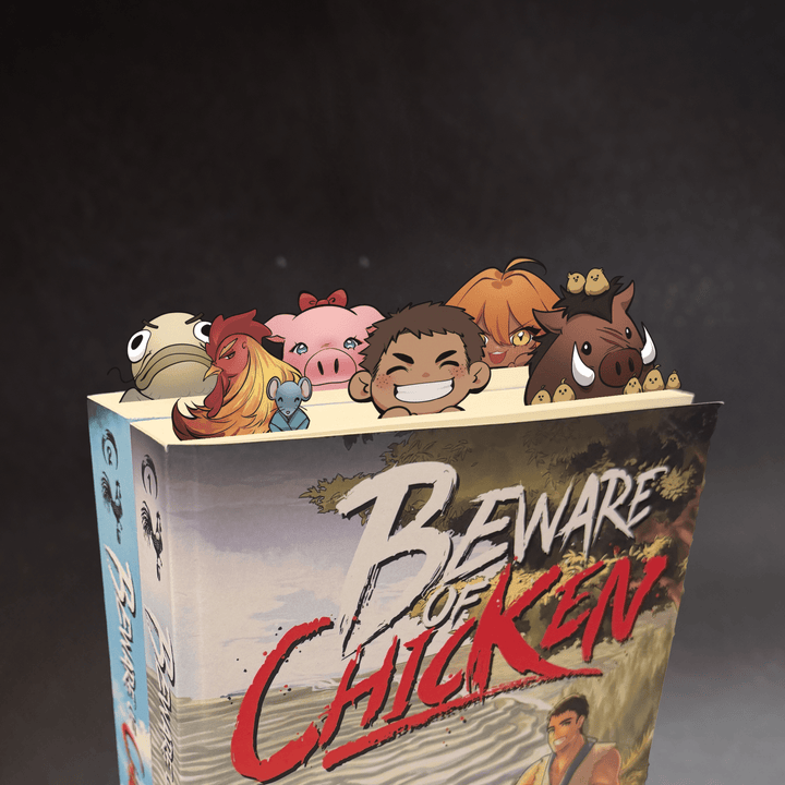 Bookmark set 'Beware of Chicken' with cartoon characters on top
