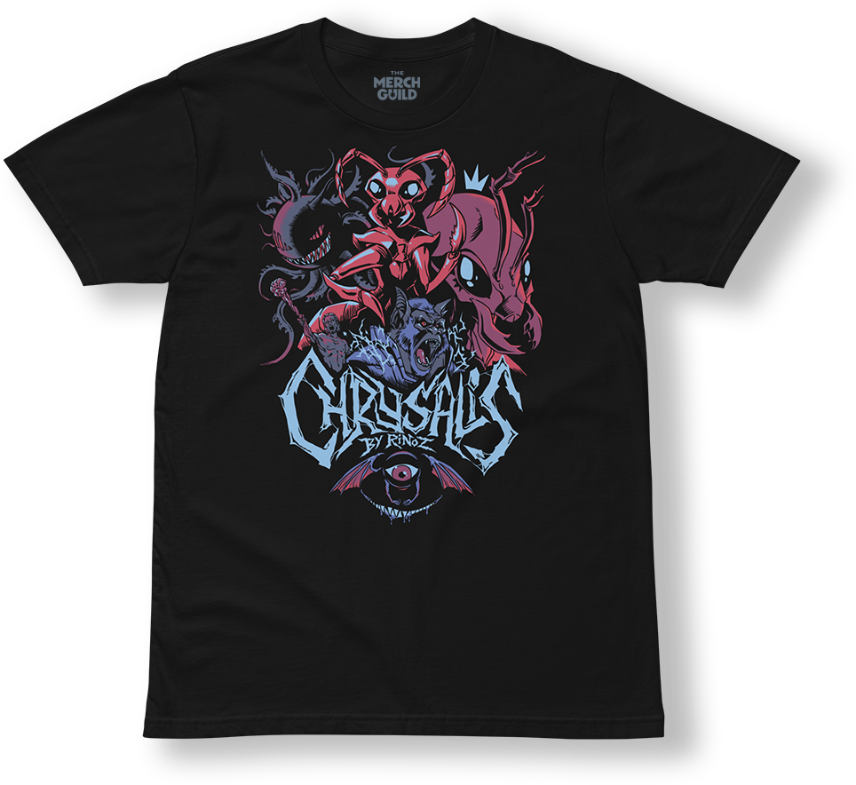 Chrysalis Graphic Tee, full cast screen print on black AS Colour tee, Chrysalis by RinoZ, The Merch Guild