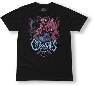 Chrysalis Graphic Tee, full cast screen print on black AS Colour tee, Chrysalis by RinoZ, The Merch Guild