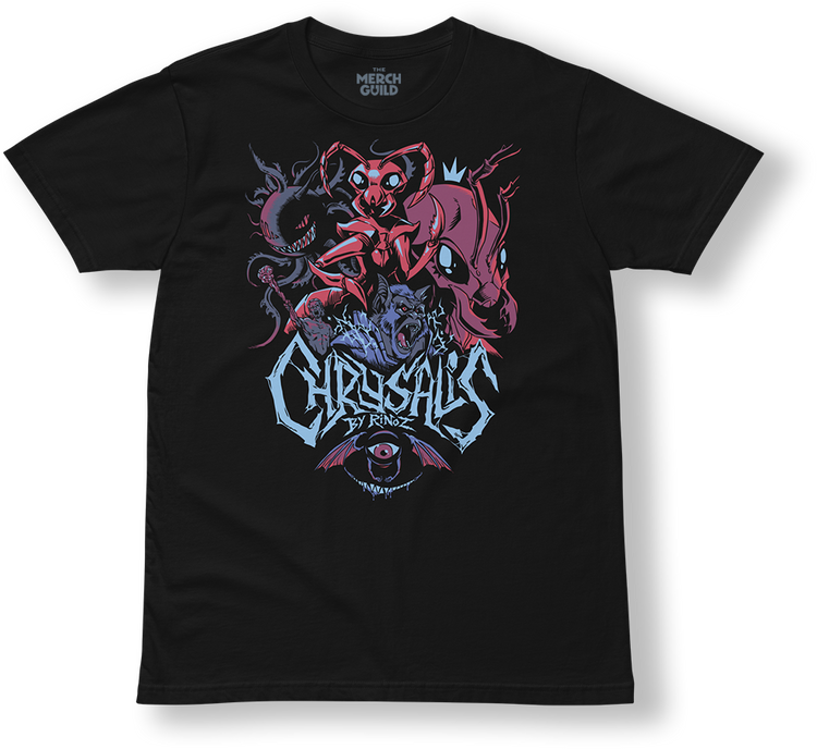 Chrysalis Graphic Tee, full cast screen print on black AS Colour tee, Chrysalis by RinoZ, The Merch Guild