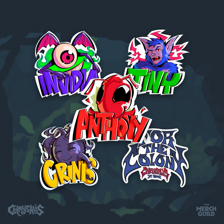Chrysalis Sticker Set: five die-cut stickers of Invidia, Tiny, Anthony, Crinis and For the Colony