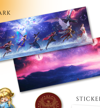 Kickstarter swag set, bookmark front and back at top
