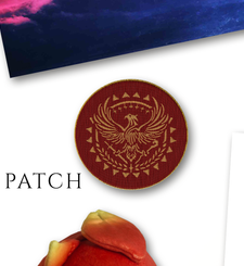 Kickstarter swag set, embroidered patch at centre