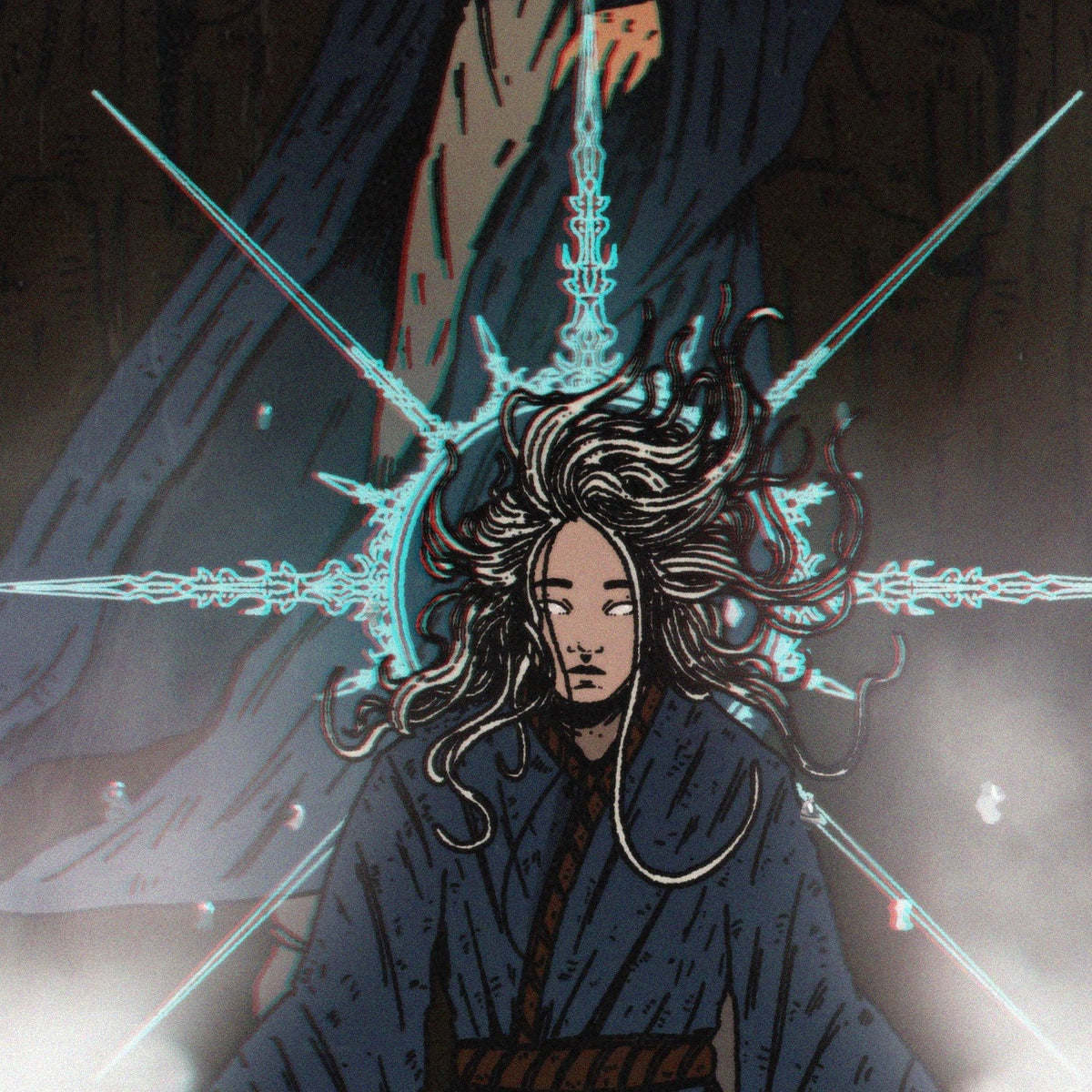 The Feral Daoist poster, close-up at full print resolution of the meditating young man